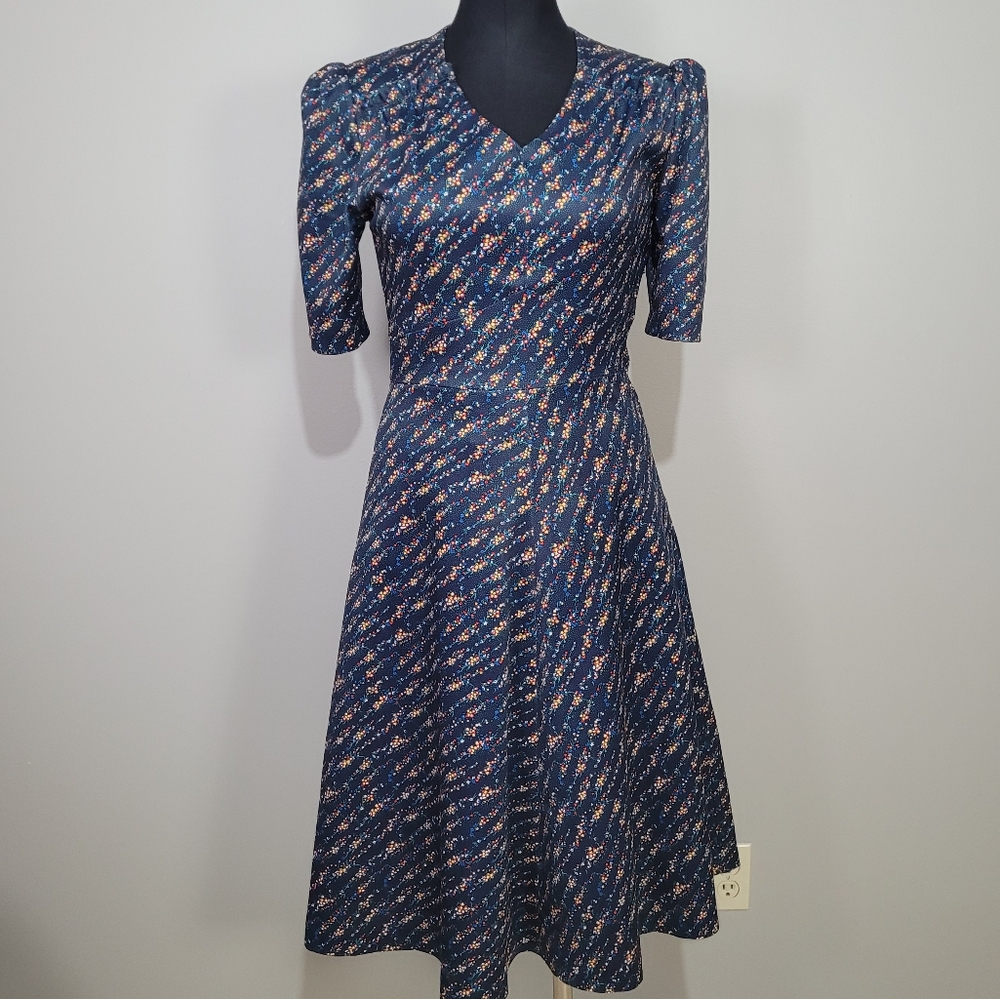 1970s handmade blue floral puff sleeve dress